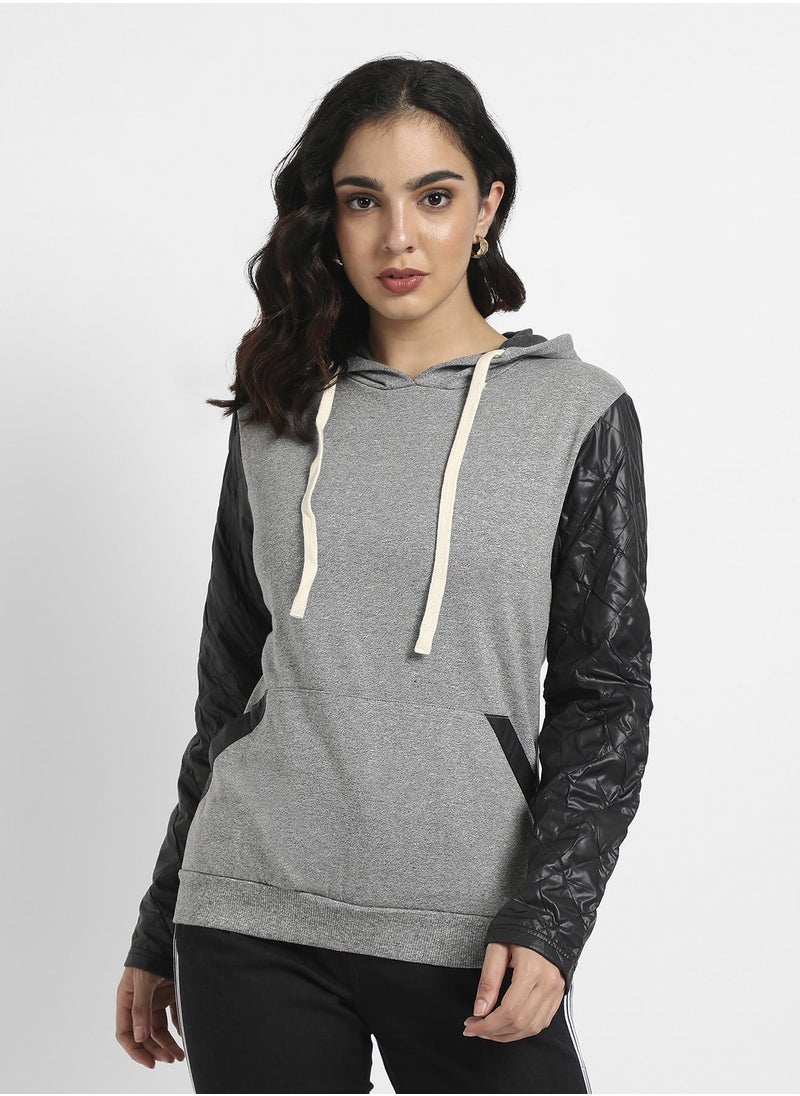 Women's Grey & Black Pullover Sweatshirt With Quilted Sleeves