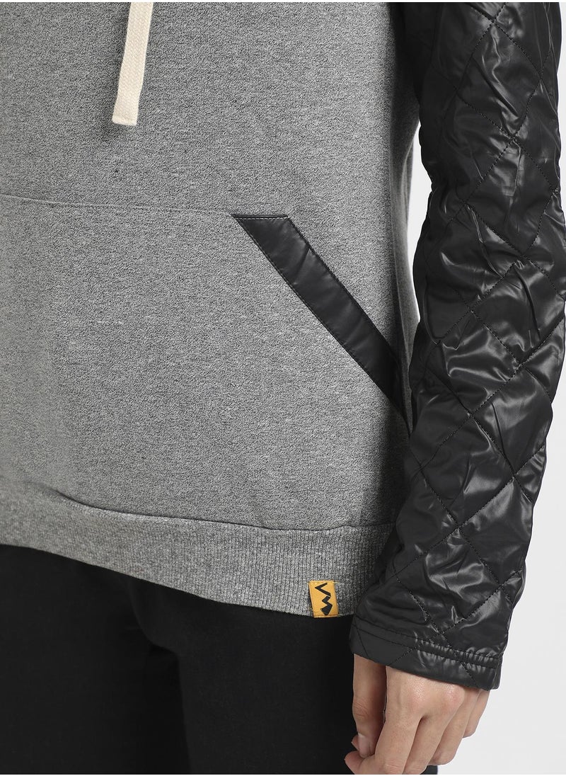 Women's Grey & Black Pullover Sweatshirt With Quilted Sleeves