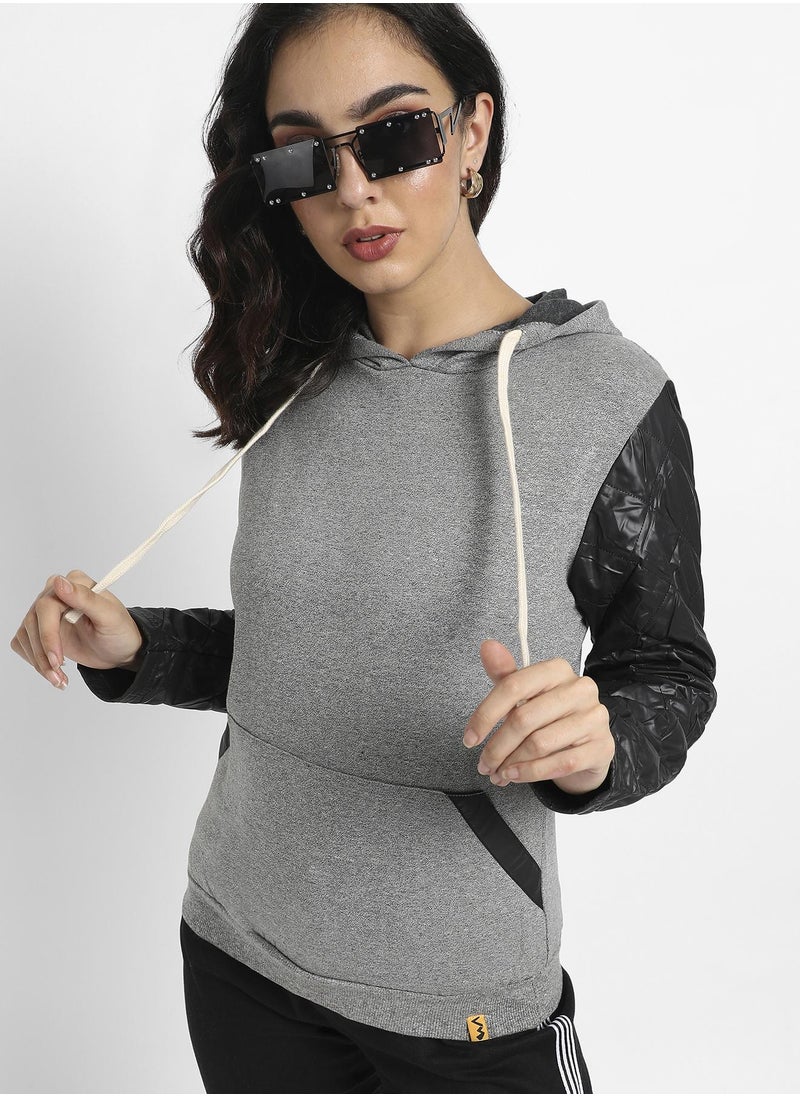 Women's Grey & Black Pullover Sweatshirt With Quilted Sleeves