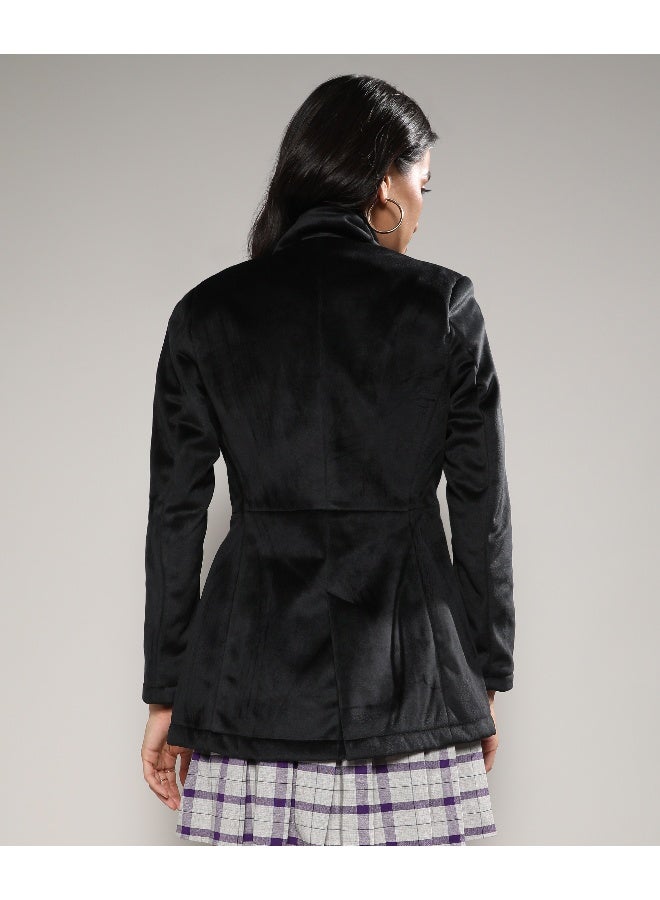 Women's Black Single-Breasted Blazer With Power Shoulders