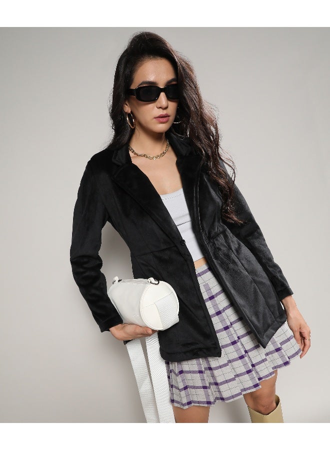 Women's Black Single-Breasted Blazer With Power Shoulders