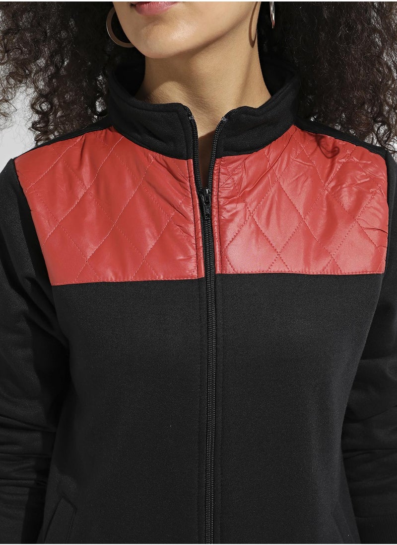 Women's Black &  Red Zip-Front Jacket With Quilted Details