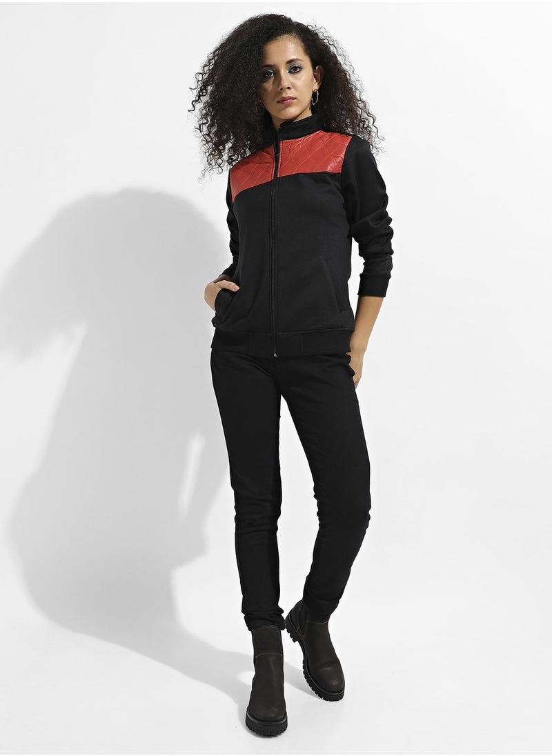 Women's Black &  Red Zip-Front Jacket With Quilted Details