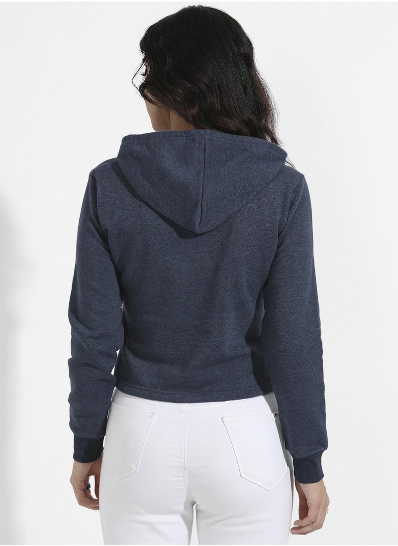 Women's Prussian Blue Cropped Pullover Hoodie With Contrast Drawstring