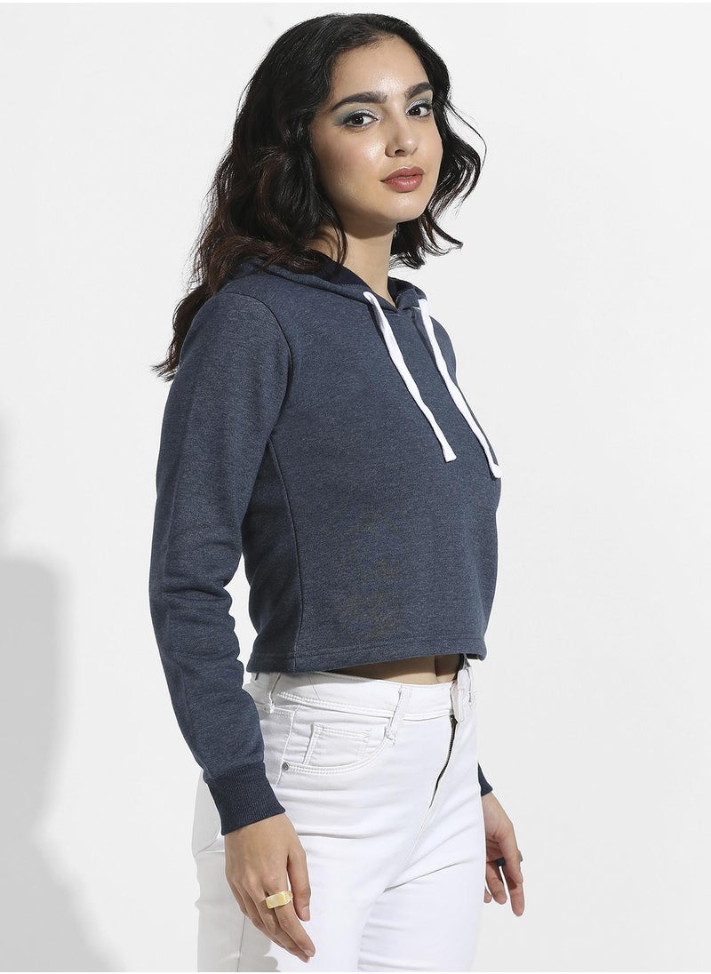 Women's Prussian Blue Cropped Pullover Hoodie With Contrast Drawstring