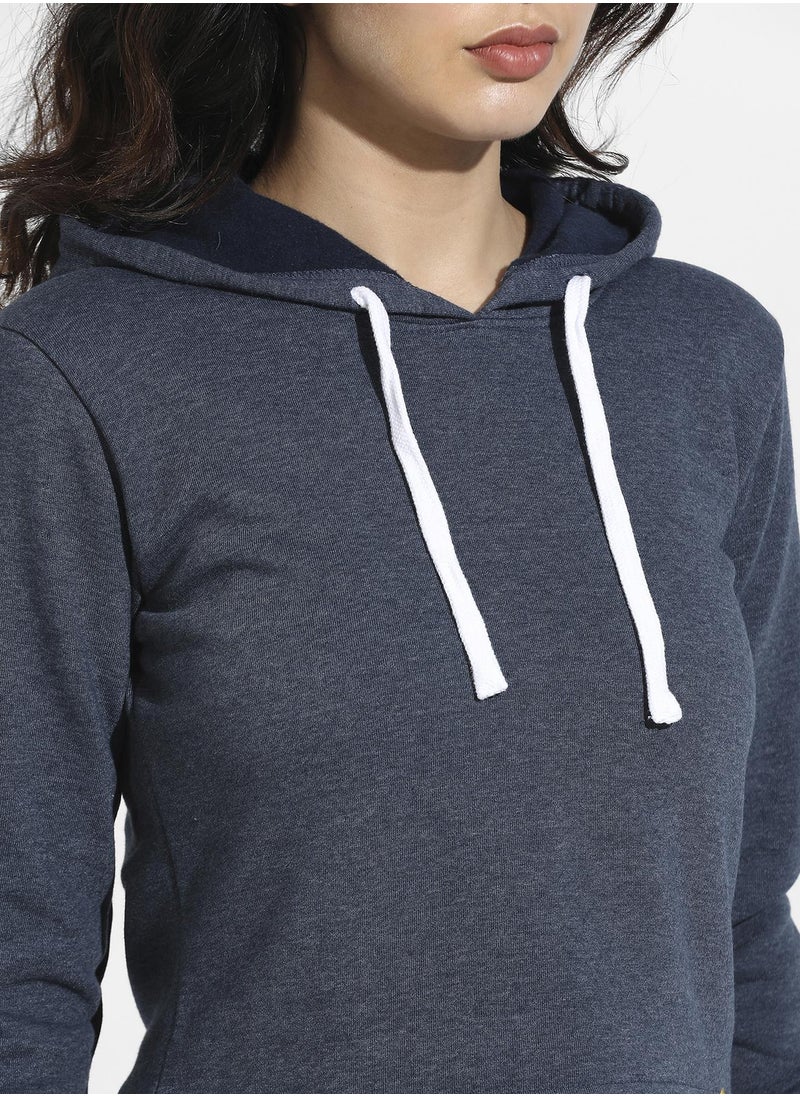 Women's Prussian Blue Cropped Pullover Hoodie With Contrast Drawstring