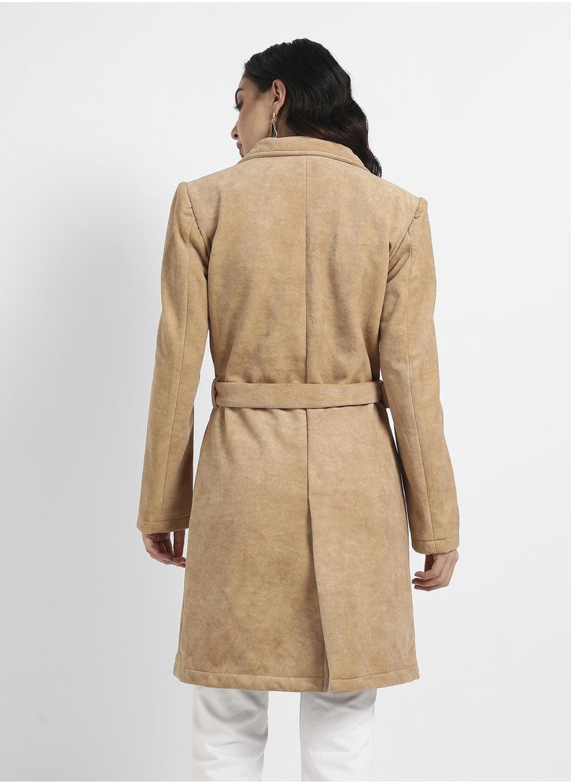 Women's Beige Single-Breasted Long Coat With Belted Waist