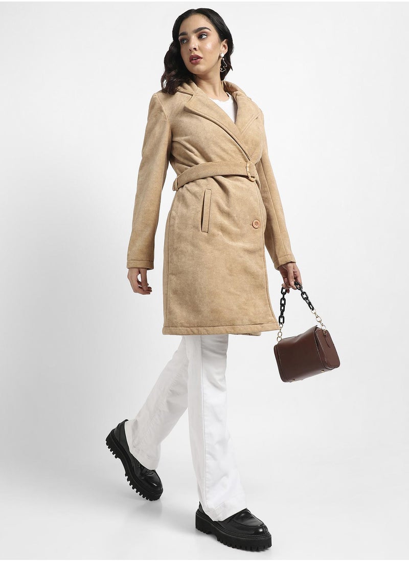 Women's Beige Single-Breasted Long Coat With Belted Waist