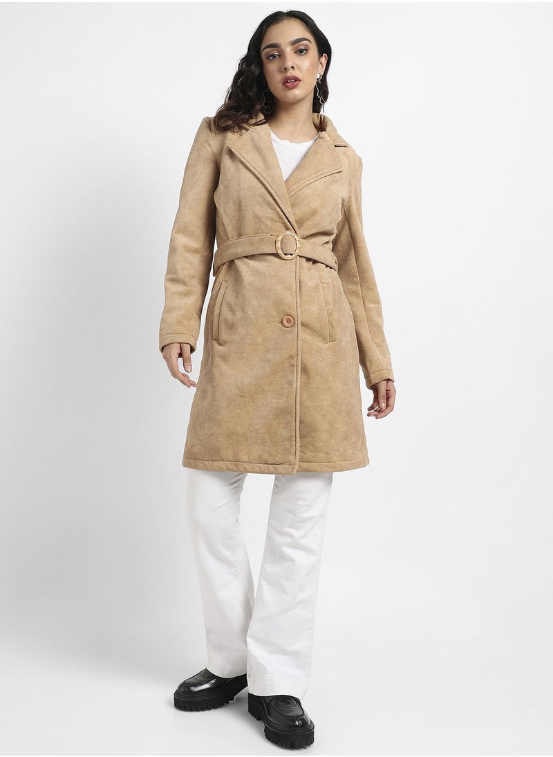 Women's Beige Single-Breasted Long Coat With Belted Waist