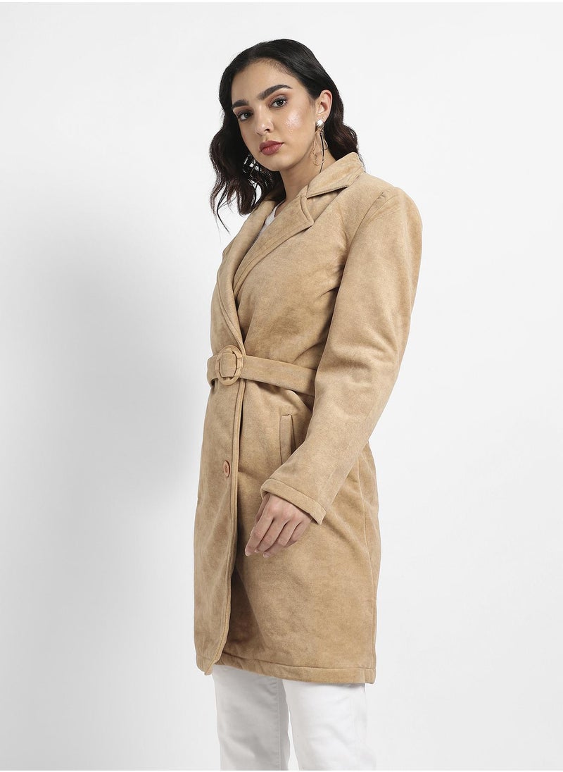 Women's Beige Single-Breasted Long Coat With Belted Waist