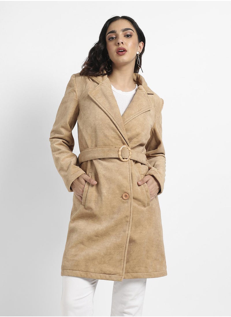 Women's Beige Single-Breasted Long Coat With Belted Waist