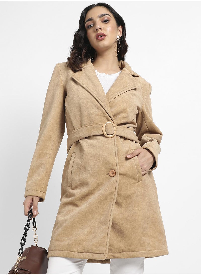 Women's Beige Single-Breasted Long Coat With Belted Waist