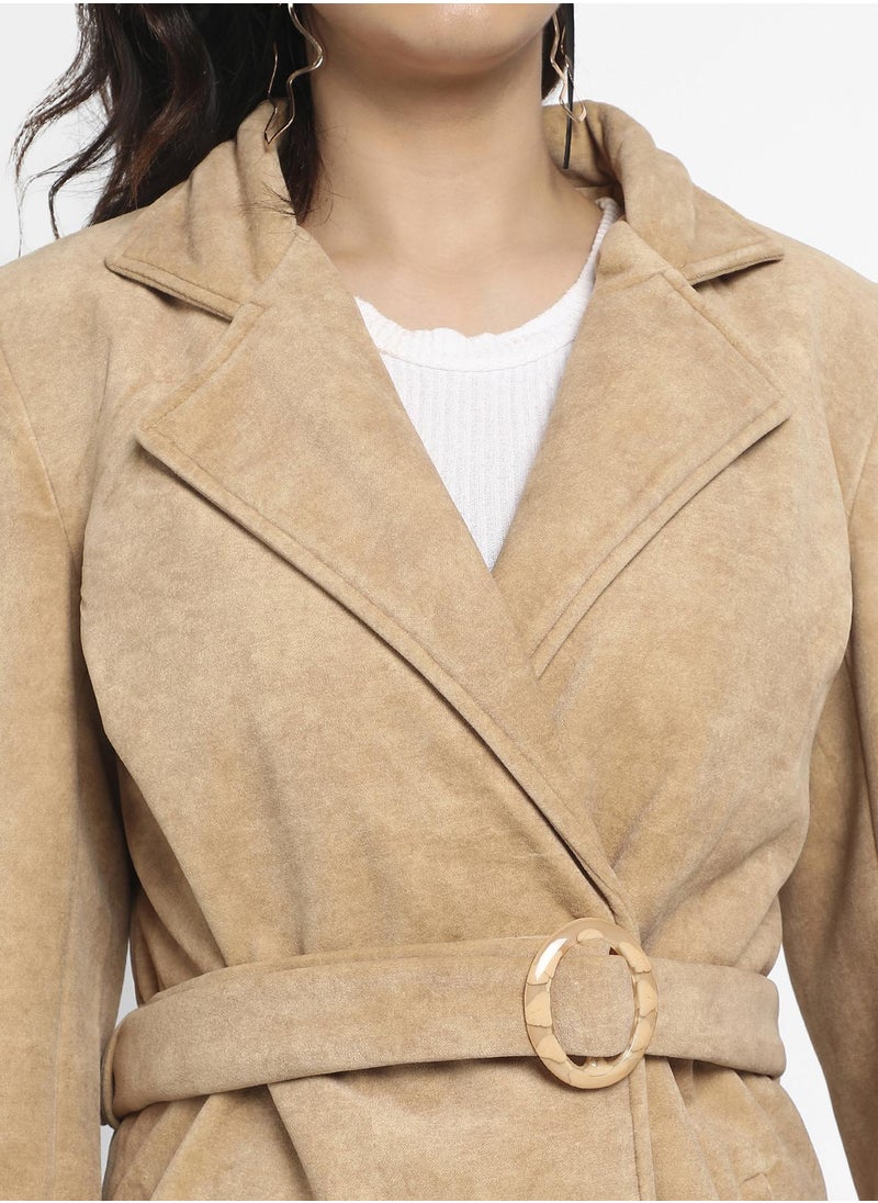 Women's Beige Single-Breasted Long Coat With Belted Waist