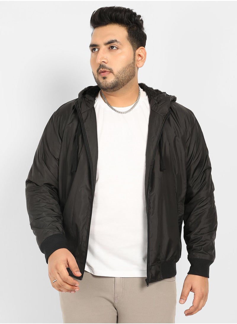 Instafab Plus Men's Black Zip-Front Puffer Jacket With Ribbed Hem