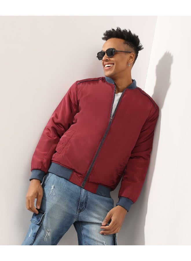 Men's Red Zip-Front Puffer Jacket With Contrast Piping