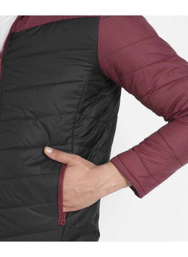 Men's Black & Maroon Micro-Checkered Quilted Puffer Jacket