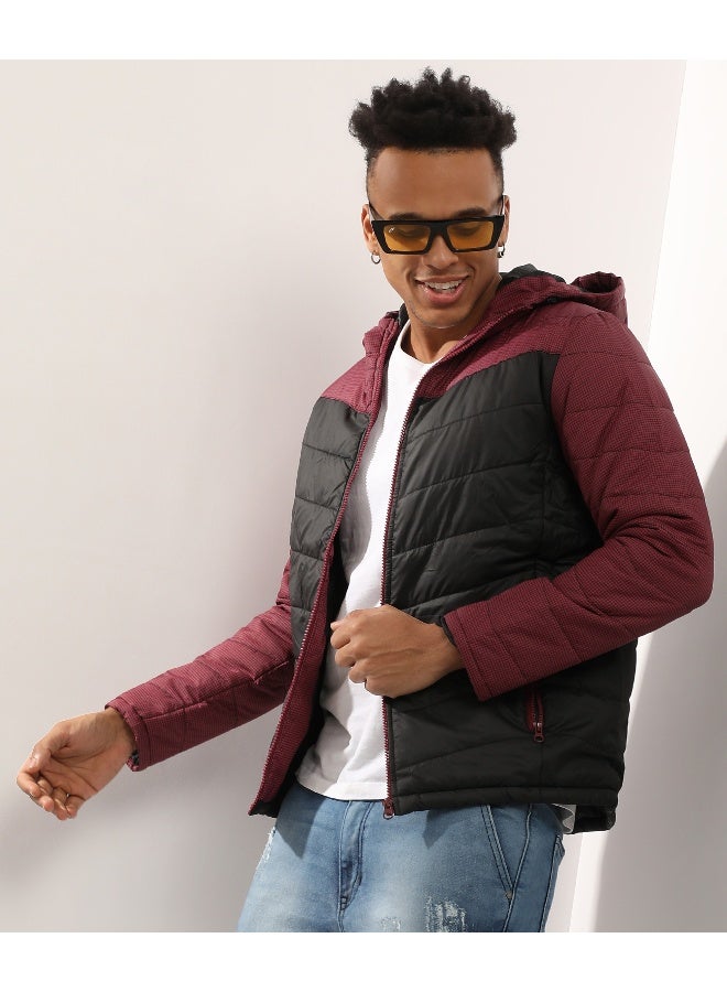 Men's Black & Maroon Micro-Checkered Quilted Puffer Jacket