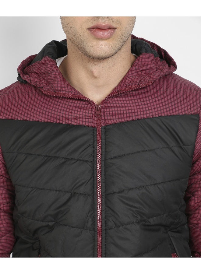 Men's Black & Maroon Micro-Checkered Quilted Puffer Jacket