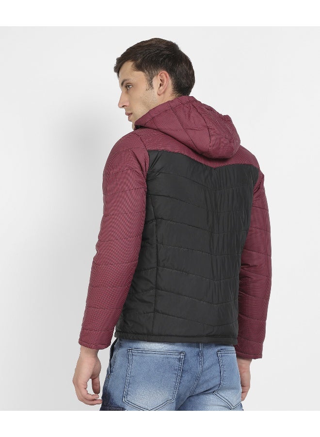 Men's Black & Maroon Micro-Checkered Quilted Puffer Jacket