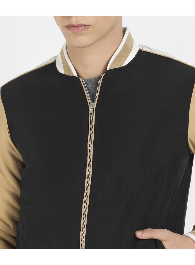 Men's Black & Beige Puffer Jacket With Ribbed Hem