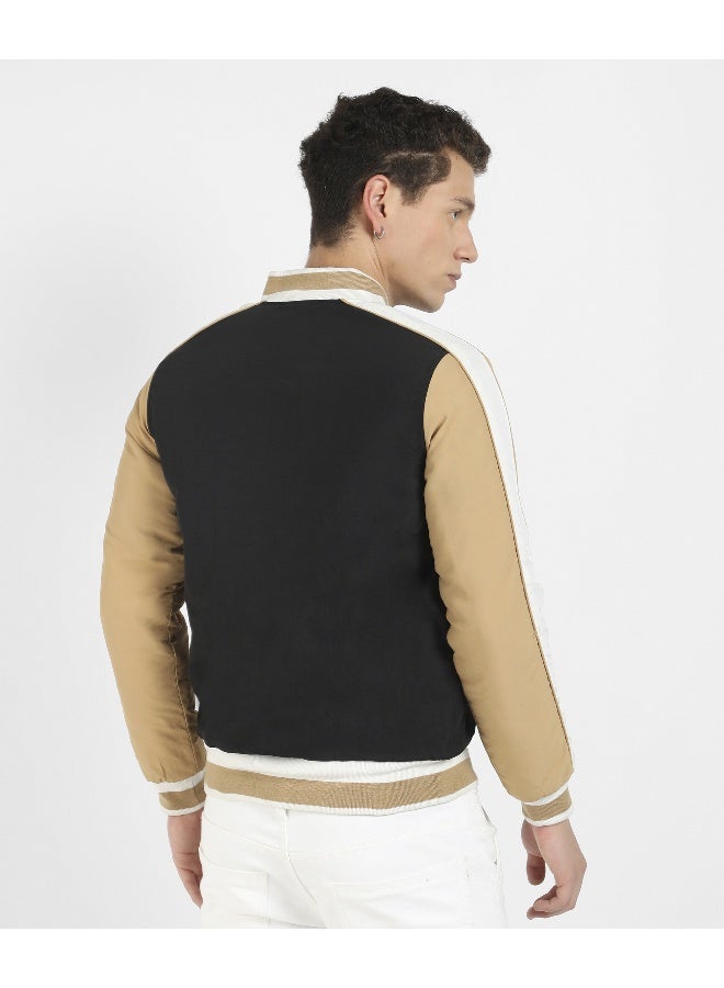 Men's Black & Beige Puffer Jacket With Ribbed Hem