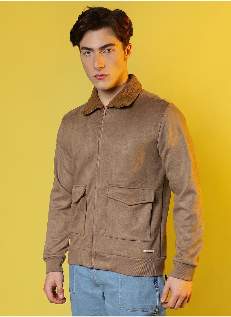 Men's Beige Zip-Front Jacket With Fleece Collar