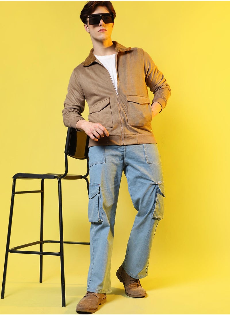 Men's Beige Zip-Front Jacket With Fleece Collar