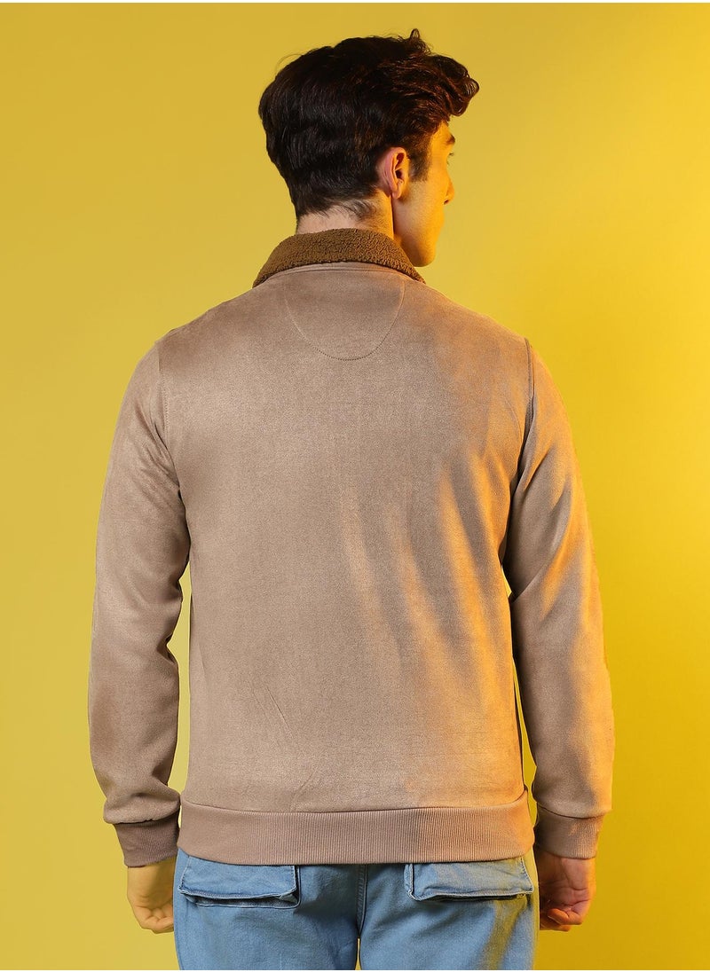 Men's Beige Zip-Front Jacket With Fleece Collar