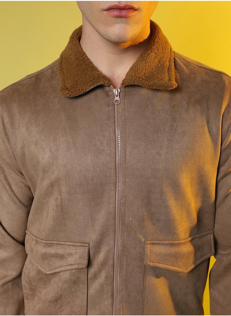 Men's Beige Zip-Front Jacket With Fleece Collar