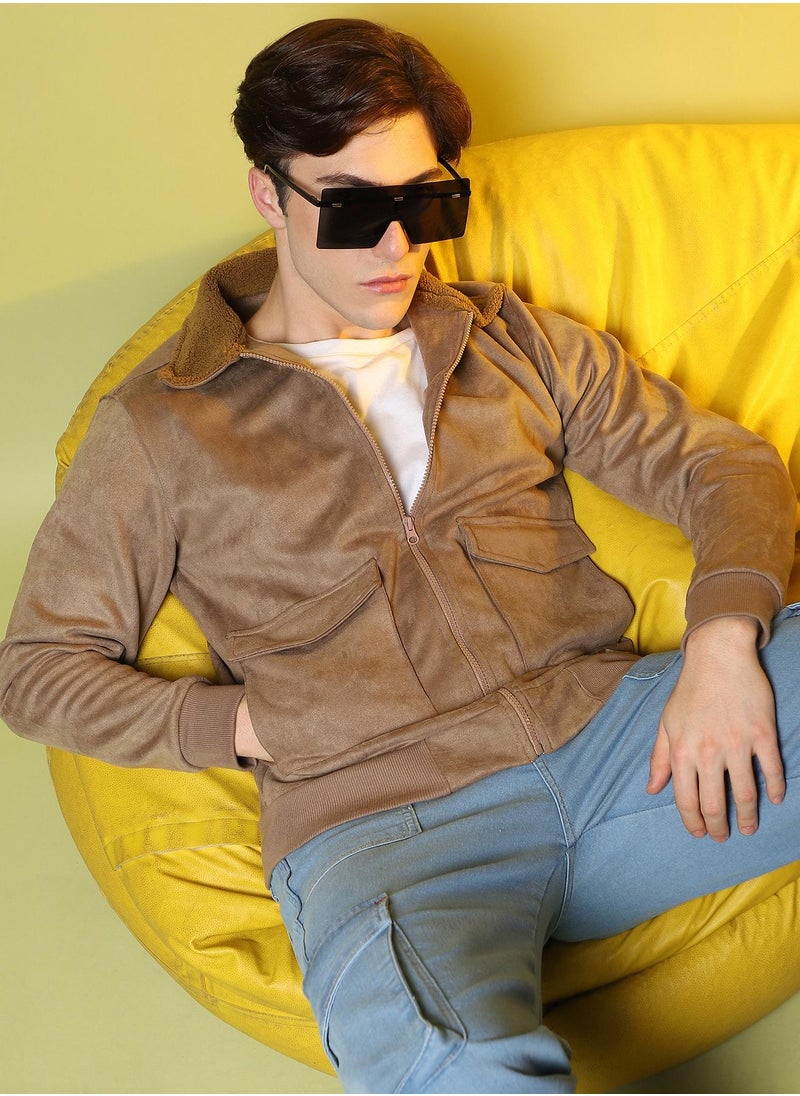 Men's Beige Zip-Front Jacket With Fleece Collar