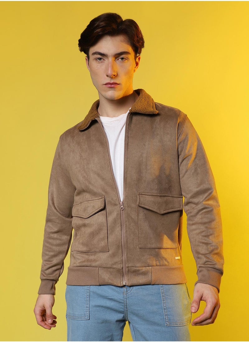 Men's Beige Zip-Front Jacket With Fleece Collar