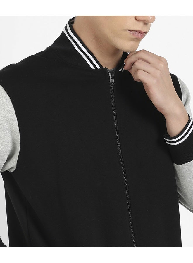 Men's Black & Grey Zip-Front Jacket With Open-Angled Pocket