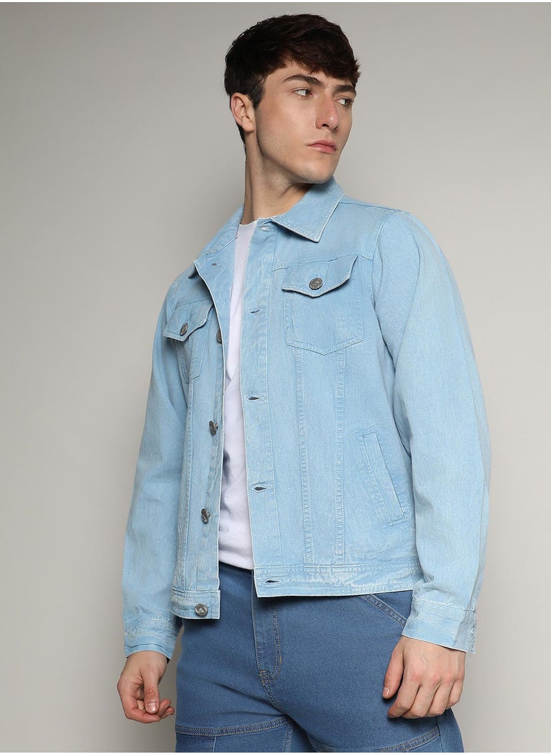 Men's Sky Blue Light-Wash Denim Jacket