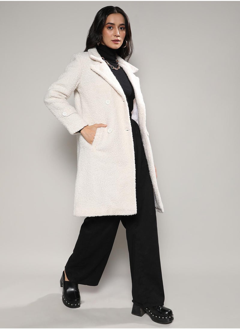 Women's White Double-Breasted Sherpa Long Coat