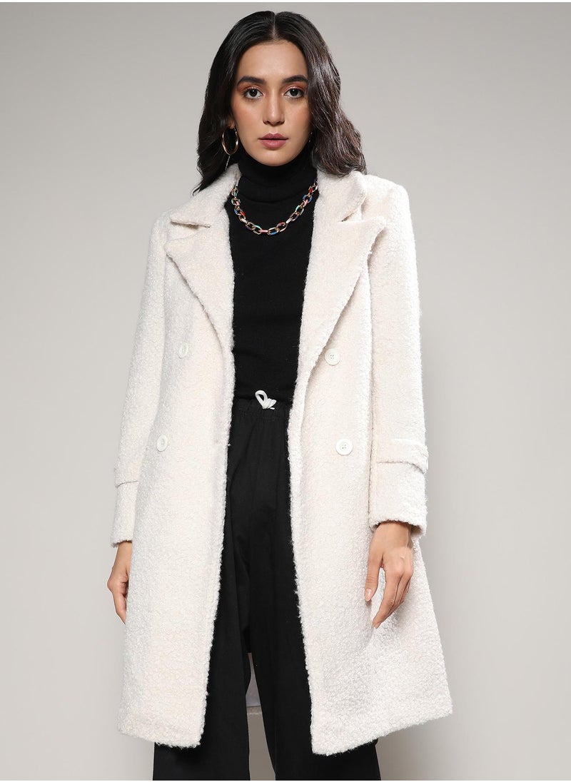 Women's White Double-Breasted Sherpa Long Coat