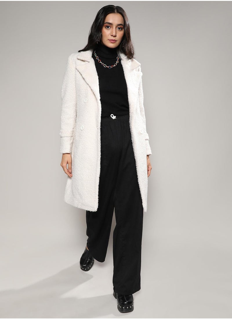 Women's White Double-Breasted Sherpa Long Coat