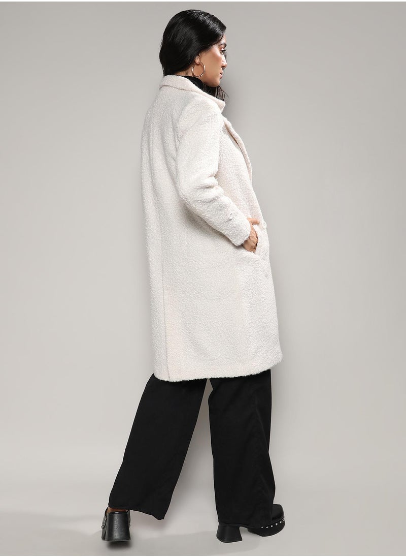 Women's White Double-Breasted Sherpa Long Coat