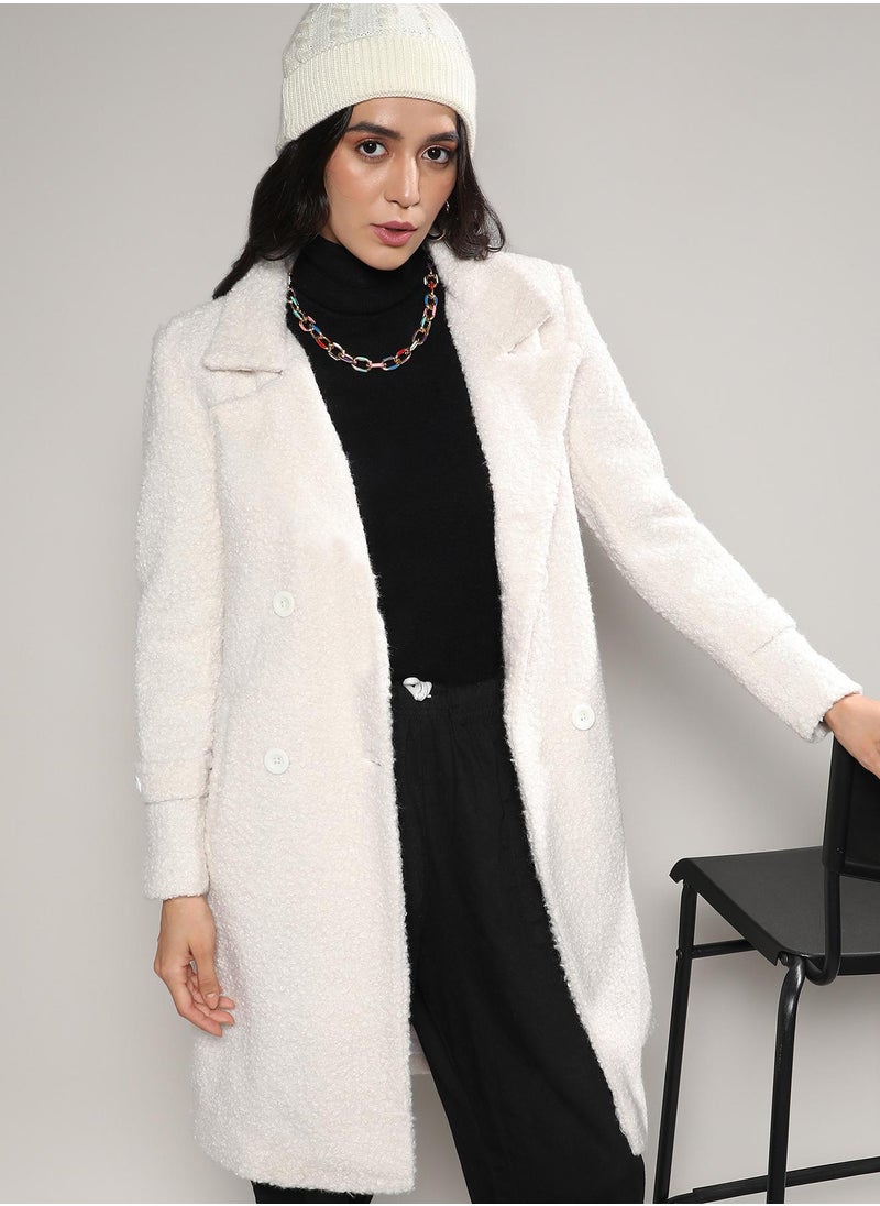 Women's White Double-Breasted Sherpa Long Coat