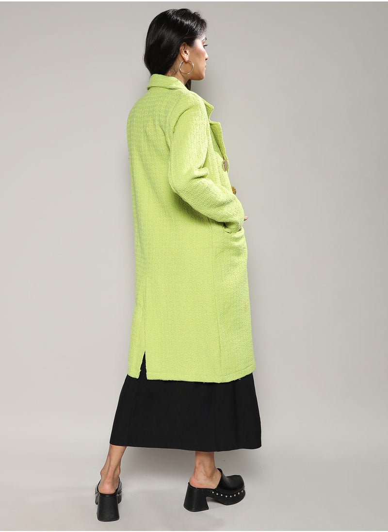 Women's Neon Green Double- Breasted Textured Long Coat