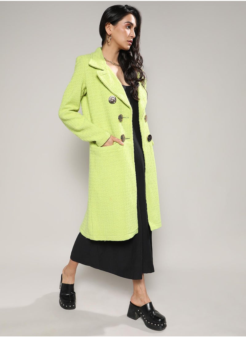 Women's Neon Green Double- Breasted Textured Long Coat