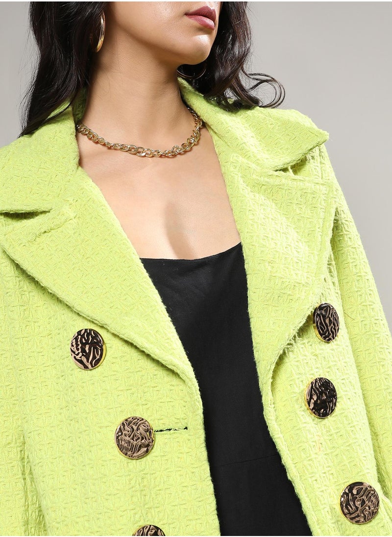 Women's Neon Green Double- Breasted Textured Long Coat