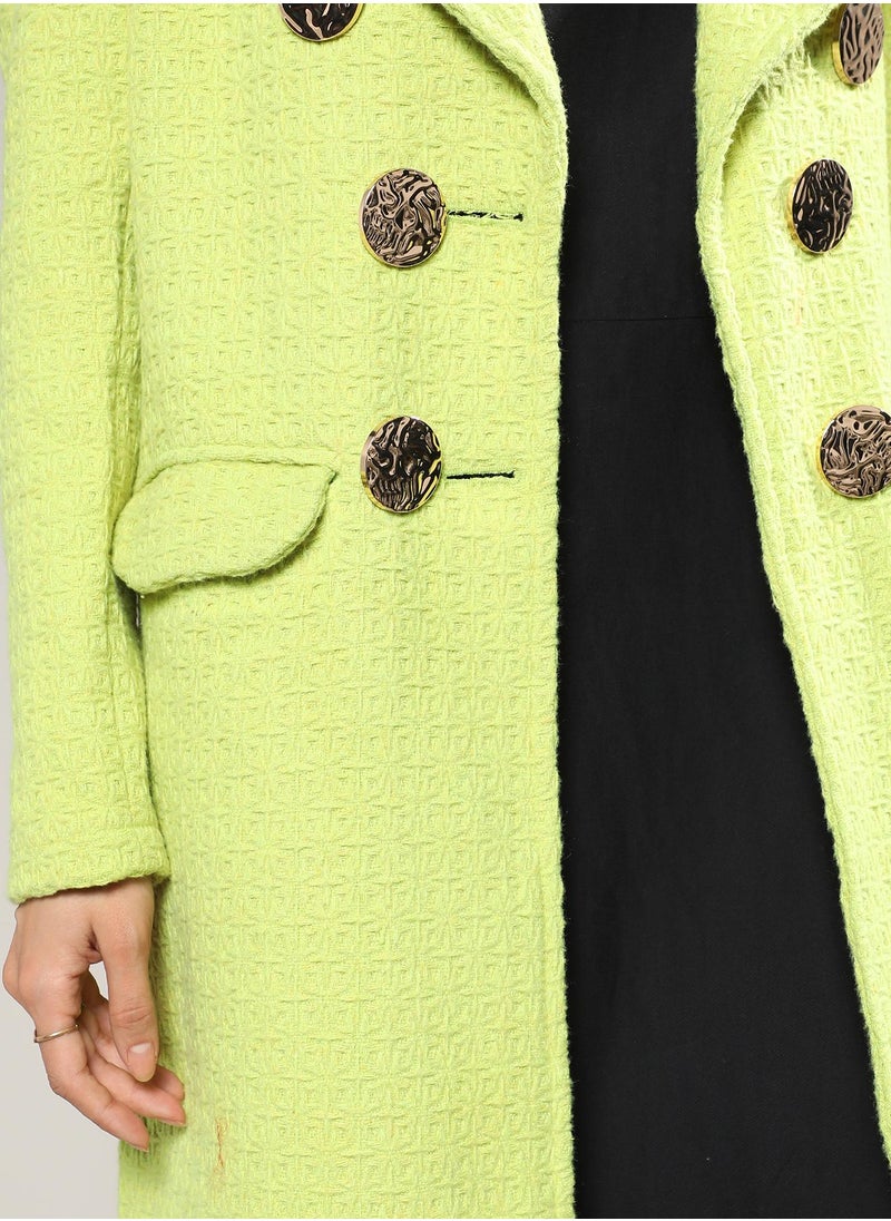 Women's Neon Green Double- Breasted Textured Long Coat