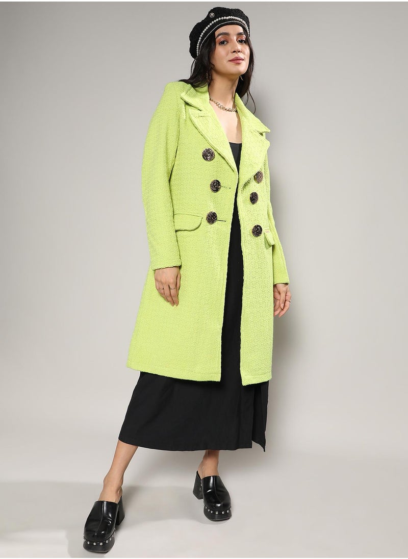 Women's Neon Green Double- Breasted Textured Long Coat