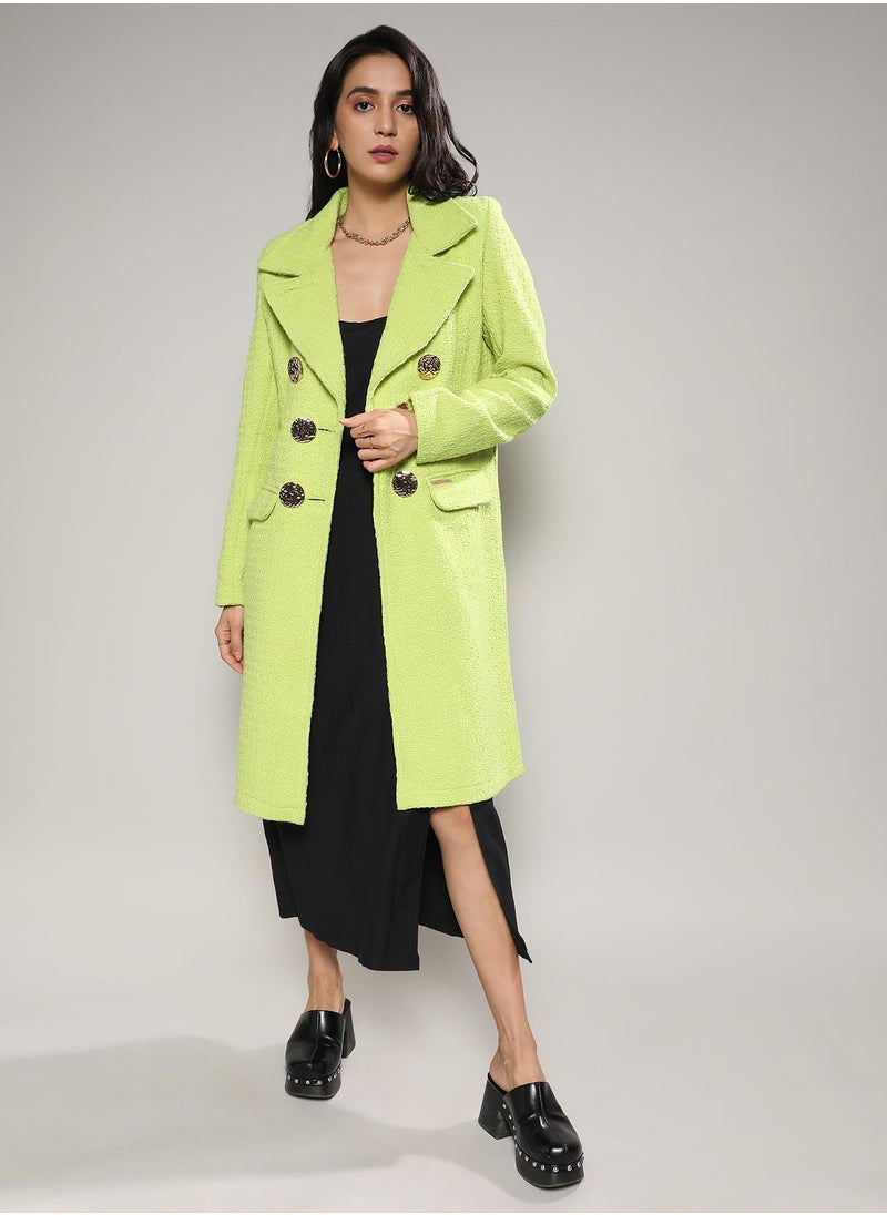 Women's Neon Green Double- Breasted Textured Long Coat