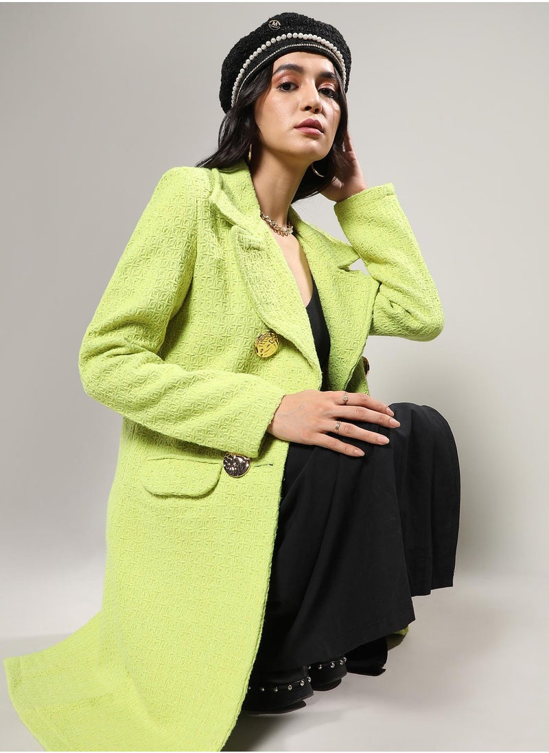 Women's Neon Green Double- Breasted Textured Long Coat