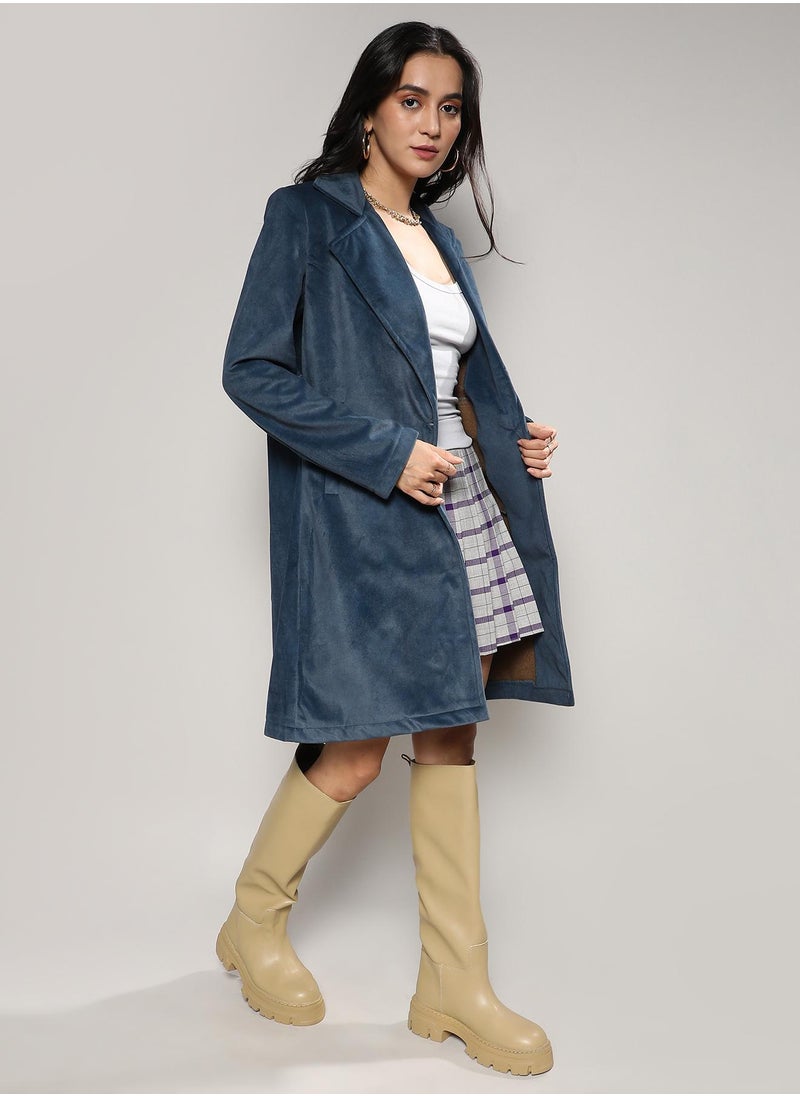 Women's Navy Blue Single-Breasted Straight Long Coat