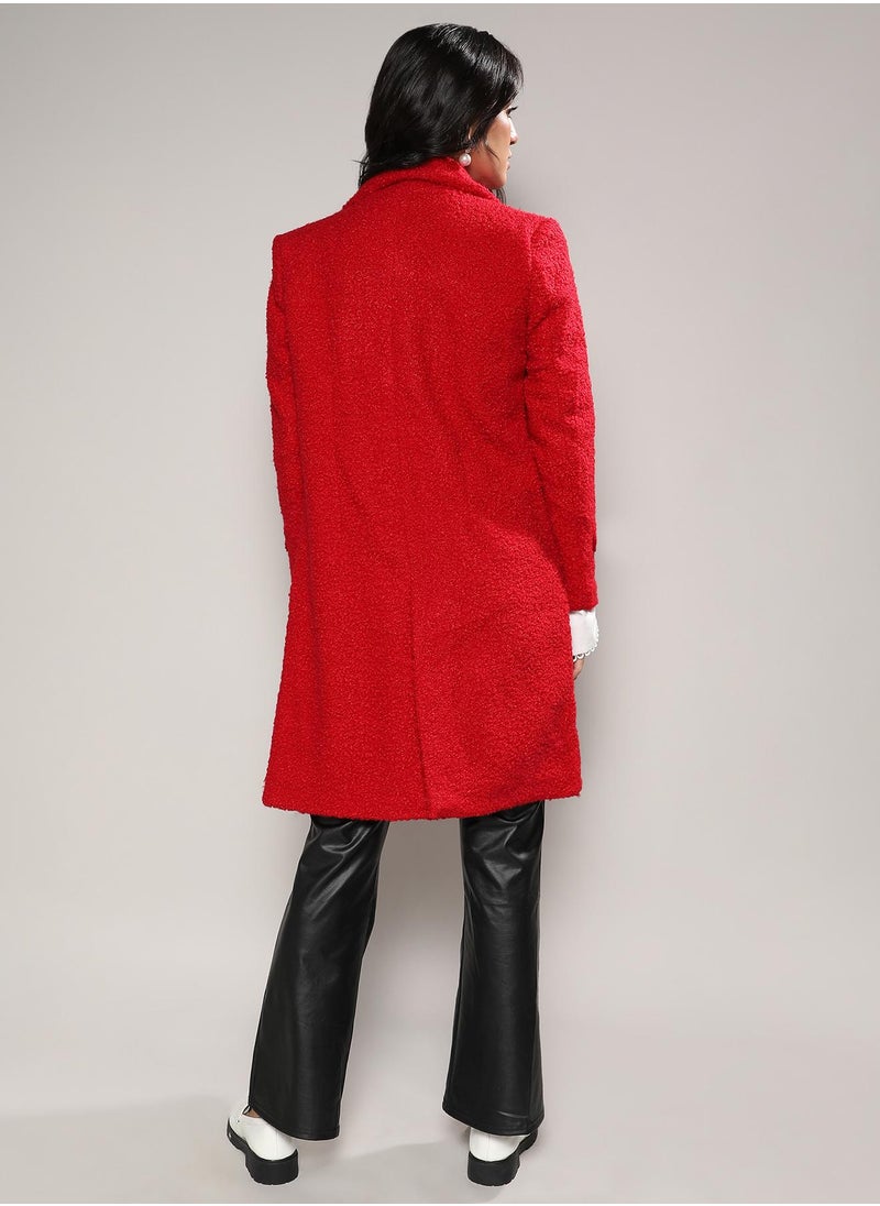 Women's Scarlet Red Double-Breasted Sherpa Long Coat