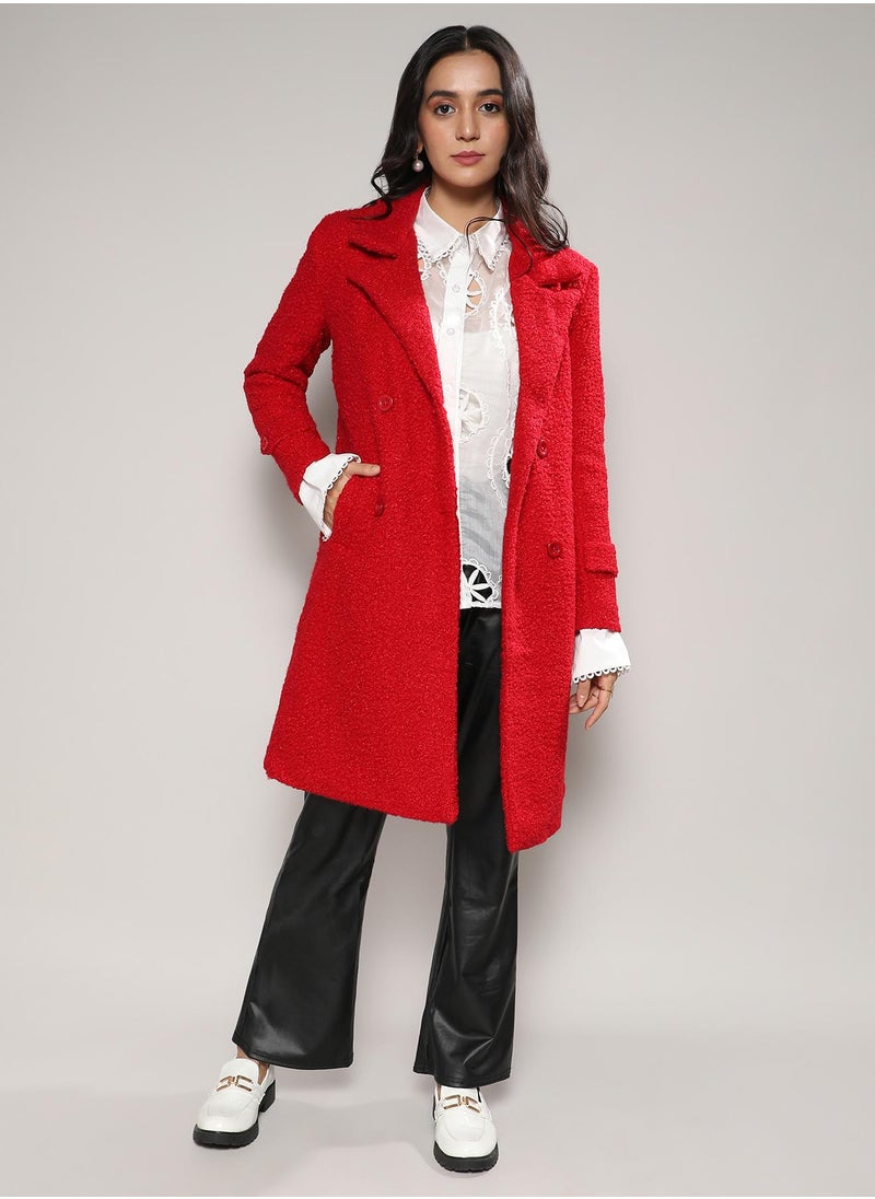 Women's Scarlet Red Double-Breasted Sherpa Long Coat