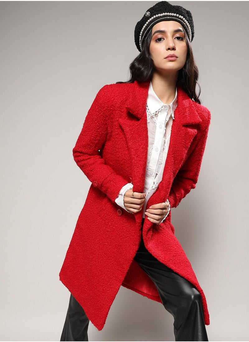 Women's Scarlet Red Double-Breasted Sherpa Long Coat