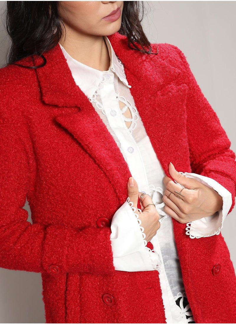 Women's Scarlet Red Double-Breasted Sherpa Long Coat